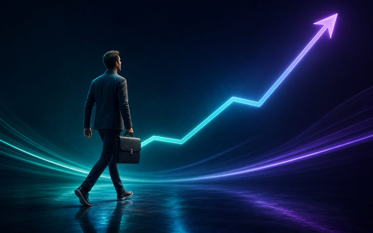 Founder carrying a briefcase with an upward growth arrow
